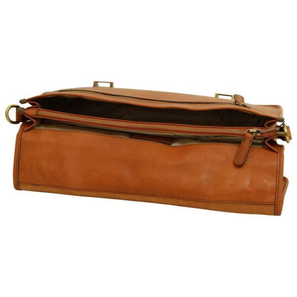 An open tan leather messenger bag or briefcase, shown from a top-down perspective to reveal internal compartments, a central zipper, and brass-tone metal hardware.