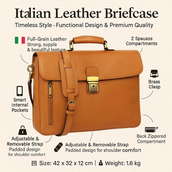 An infographic for an "Italian Leather Briefcase" highlighting its features: full-grain leather, two spacious compartments, a brass clasp, smart internal pockets, and a back zippered compartment. It also notes an adjustable, removable padded shoulder strap, with dimensions of 42 x 32 x 12 cm and a weight of 1.6 kg.