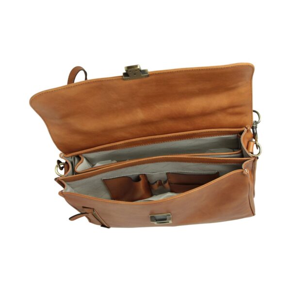 An open tan leather briefcase viewed from above, revealing a spacious interior with multiple compartments, a light-colored lining, and dedicated slots for pens and small accessories.