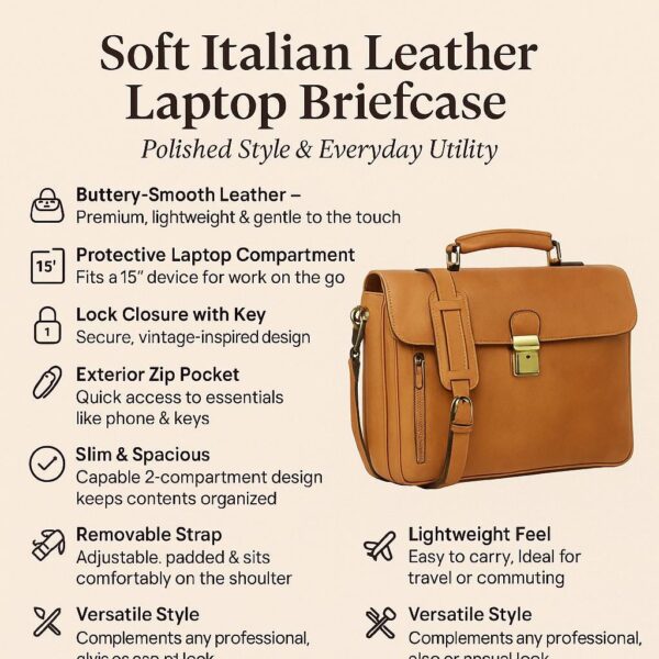 An infographic titled "Soft Italian Leather Laptop Briefcase" featuring a tan leather briefcase. The text outlines key features: buttery-smooth leather, a protective compartment for 15-inch laptops, a lock closure with key, an exterior zip pocket, and a 2-compartment design. It also mentions a removable padded strap, its lightweight feel, and versatile style suitable for professional or casual looks.