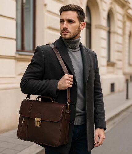 Luxury Full-Grain Leather Briefcase for Men – Handmade Italian Executive Laptop Bag with Dual Compartments and Organizer