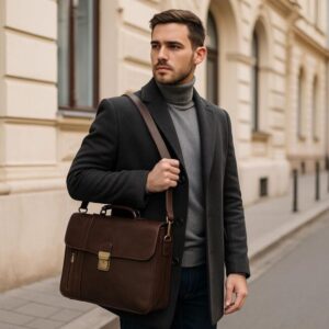 Luxury Full-Grain Leather Briefcase for Men – Handmade Italian Executive Laptop Bag with Dual Compartments and Organizer