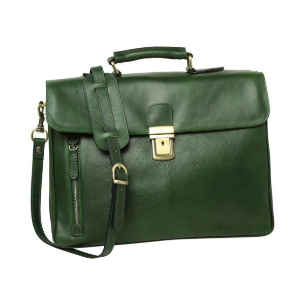 A green leather briefcase with a top handle, a shoulder strap, and a brass tuck-lock clasp, featuring a small vertical zippered pocket on the front.