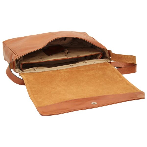 An open tan leather messenger bag showing its interior compartments, featuring a suede-lined flap with a magnetic snap button and a patterned fabric lining with multiple dividers.