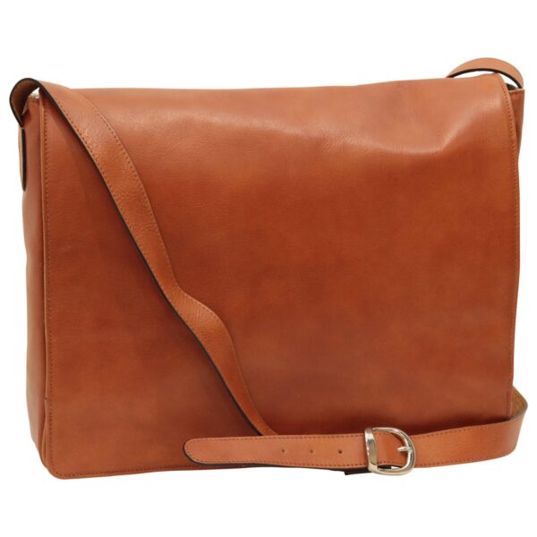 A tan leather messenger bag with a smooth finish, featuring a large front flap, a structured rectangular body, and an adjustable shoulder strap with a silver-tone buckle against a white background.
