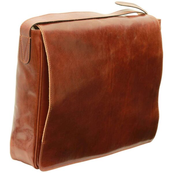 A rich reddish-brown polished leather messenger bag with a large front flap, a structured rectangular silhouette, and a matching leather shoulder strap against a white background.