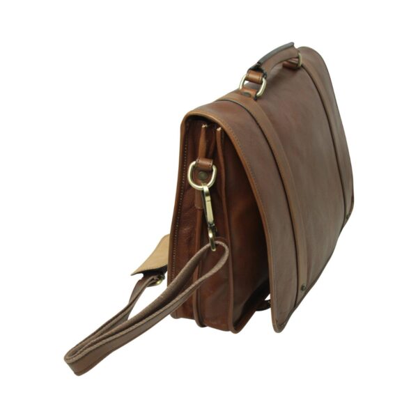 A brown leather briefcase-style messenger bag shown from a side-front angle against a white background. The image features the closed main flap, a sturdy top carry handle with brass-tone rings, and a detachable shoulder strap clipped to a side D-ring.