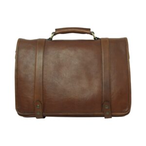 A front-facing view of a brown leather messenger bag with a structured rectangular shape. The bag features a large front flap held in place by two vertical leather straps with decorative brass studs, a sturdy reinforced top handle, and a subtle pebbled leather texture.