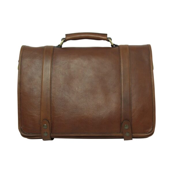 A front-facing view of a brown leather messenger bag with a structured rectangular shape. The bag features a large front flap held in place by two vertical leather straps with decorative brass studs, a sturdy reinforced top handle, and a subtle pebbled leather texture.