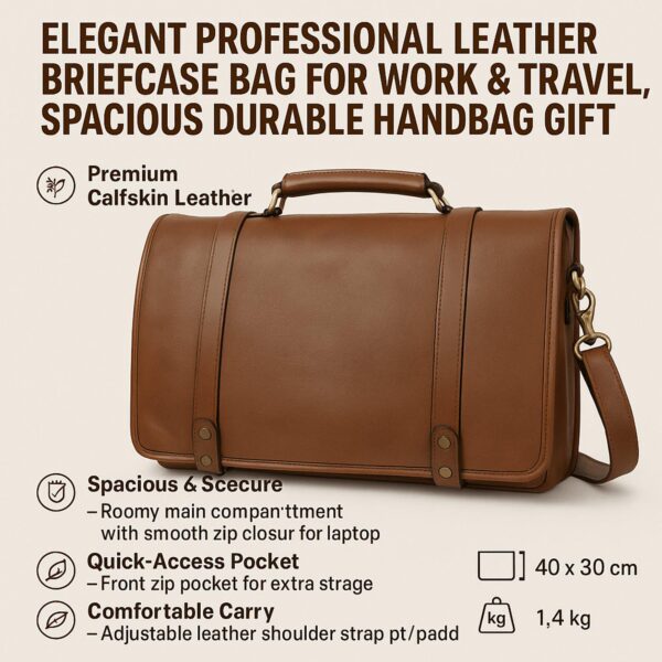 A promotional product graphic for a brown calfskin leather briefcase bag. The image features the bag in the center with descriptive text and icons highlighting its features: premium calfskin leather, spacious main compartment for a laptop, front zip pocket, and an adjustable padded shoulder strap. Technical specifications are listed as 40 x 30 cm in size and 1.4 kg in weight.