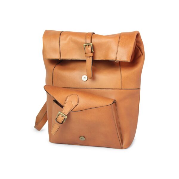 A tan leather rolltop backpack with its top and front pocket flaps open, showing brass buckles and magnetic snap closures.