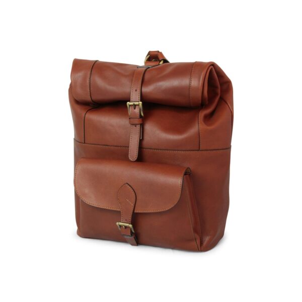 A vintage-style brown leather rolltop backpack featuring a front pocket and antique brass buckle closures.