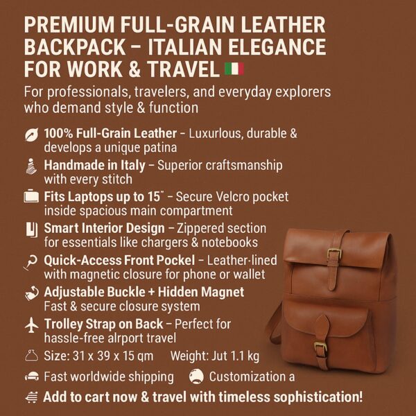 An infographic for a premium full-grain leather backpack, highlighting its Italian craftsmanship, laptop compatibility, and travel-friendly features like a trolley strap.
