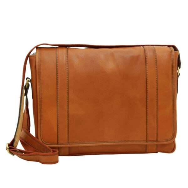 A tan or light cognac leather messenger bag with a smooth finish. It features a large front flap with two decorative vertical leather bands and an adjustable shoulder strap with brass-toned hardware. The design is shown against a plain white background.