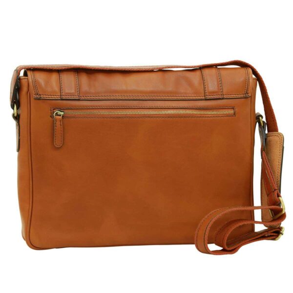 The back view of a light brown leather messenger bag featuring a horizontal zippered pocket, a large top flap, and an adjustable shoulder strap with a padded section, set against a white background.