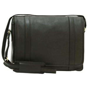 A dark brown or black leather messenger bag featuring a full-length front flap with two vertical stitched leather bands. The bag includes an adjustable shoulder strap with a sliding leather comfort pad and gold-toned metallic hardware, shown against a plain white background.