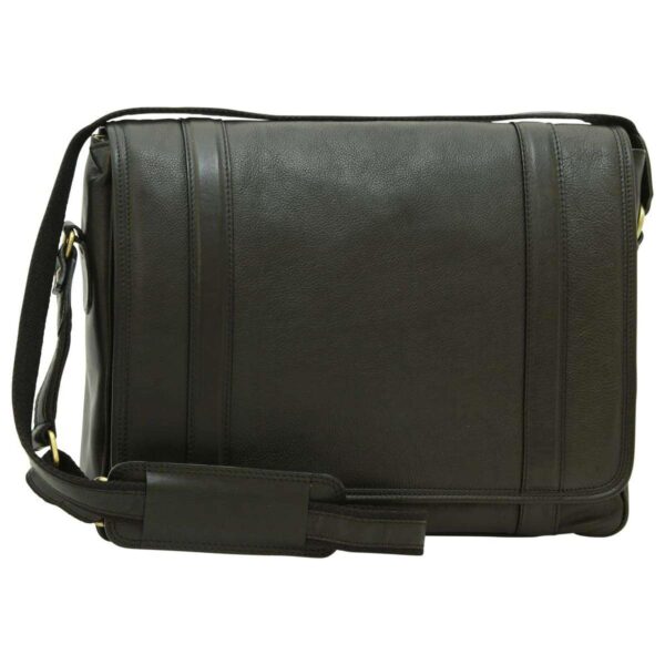 A dark brown or black leather messenger bag featuring a full-length front flap with two vertical stitched leather bands. The bag includes an adjustable shoulder strap with a sliding leather comfort pad and gold-toned metallic hardware, shown against a plain white background.
