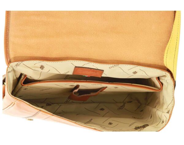 The interior of an open tan leather bag, revealing a cream-colored fabric lining patterned with "Old Angler Firenze" logos and crests. The interior features a main compartment, a divider, and a small leather pen or tool holder, highlighting its organized design.