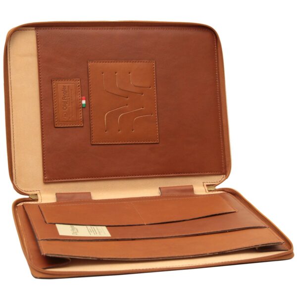 An open brown leather portfolio by Old Angler with a zippered edge, featuring internal card slots and an Italian flag detail.