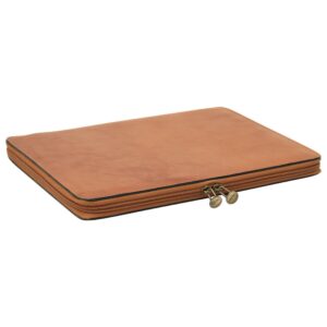 A slim, tan leather portfolio with a wraparound zipper and brass hardware, shown from an angled perspective.
