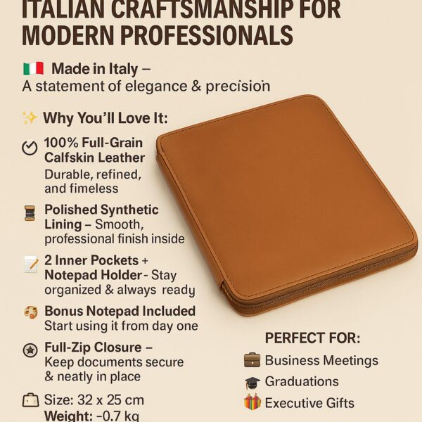 An infographic titled "Italian Craftsmanship for Modern Professionals" featuring a tan leather portfolio. The text highlights features such as 100% full-grain calfskin leather, polished synthetic lining, two inner pockets plus a notepad holder, and a full-zip closure. It lists the size as 32 x 25 cm and notes it is perfect for business meetings, graduations, and executive gifts.