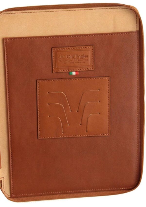 The interior of a brown leather portfolio or organizer by Old Angler, featuring a zippered closure and a light-colored lining. It includes a stitched leather panel with several slots for cards or documents and a small tag with the Italian flag colors.