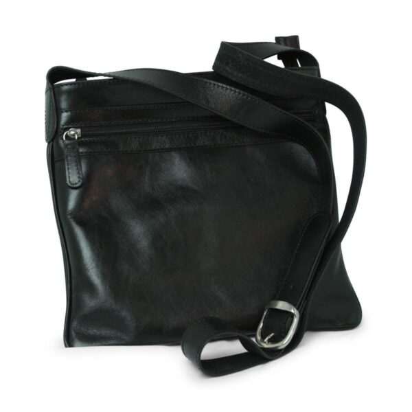 Front view of a flat black leather crossbody bag, featuring a horizontal zippered front pocket, silver-tone buckle hardware, and an adjustable leather shoulder strap.