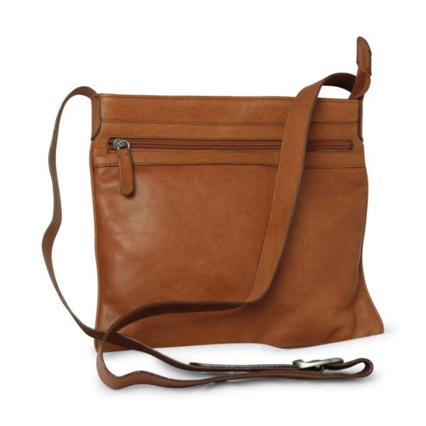 Front view of a flat tan leather crossbody bag, featuring a horizontal zippered front pocket, silver-tone hardware, and an adjustable leather shoulder strap.