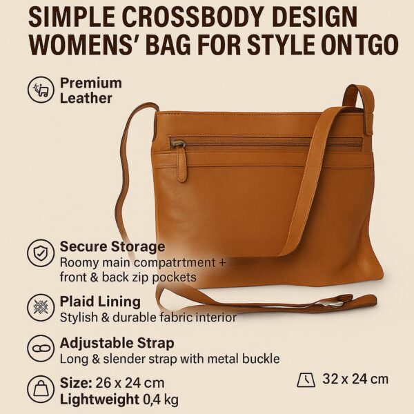 Infographic for a "Simple Crossbody Design Womens' Bag". Features a tan leather bag and highlights including Premium Leather, Secure Storage with front and back zip pockets, Plaid Lining, and an Adjustable Strap. Dimensions are listed as 26 x 24 cm and 32 x 24 cm with a weight of 0.4 kg.