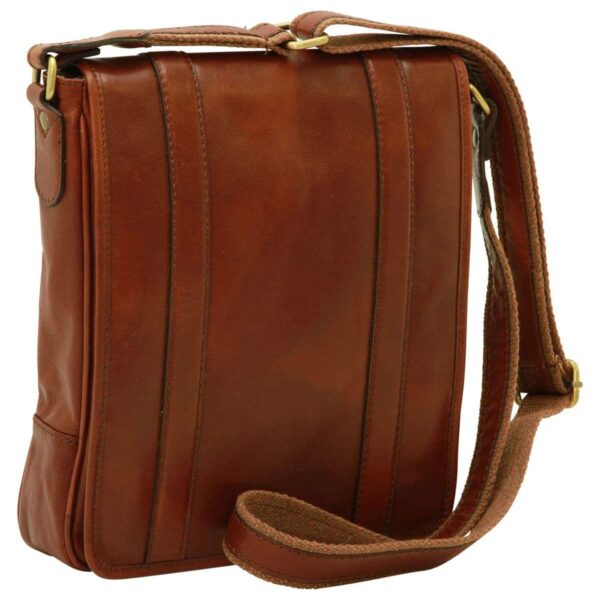 Back view of a reddish-brown leather messenger bag with two vertical accent straps and an adjustable canvas shoulder strap