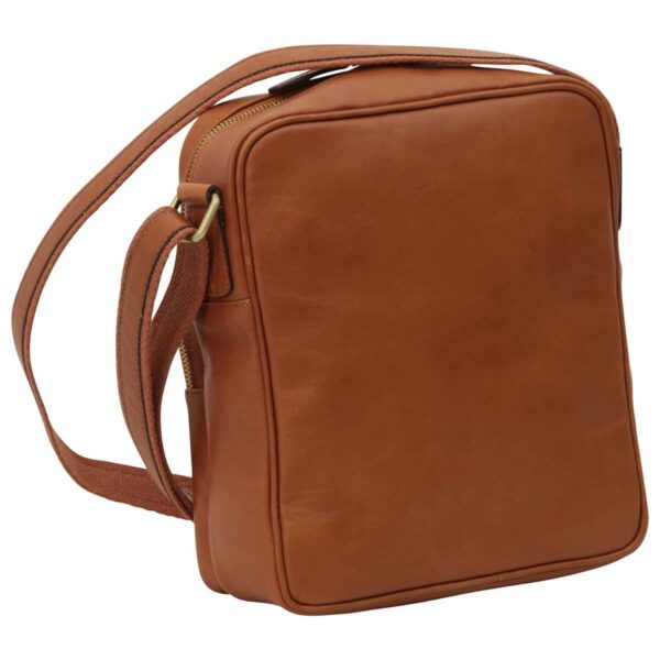 A back-angled view of the tan leather messenger bag, showing its smooth, clean rear panel and the sturdy attachment point of the adjustable shoulder strap.