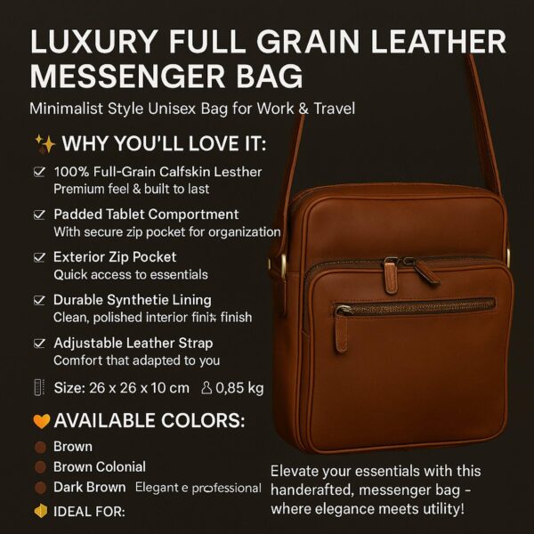 A brown, full-grain calfskin leather messenger bag is displayed against a dark background alongside promotional text highlighting its minimalist style, padded tablet compartment, and adjustable strap. The infographic includes dimensions of 26 x 26 x 10 cm and lists available colors such as Brown, Brown Colonial, and Dark Brown.