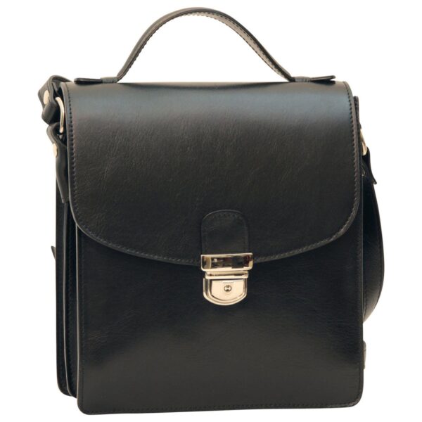 Front view of a black leather messenger bag with the flap open, featuring a silver-tone tuck-lock clasp and a horizontal zippered front pocket.