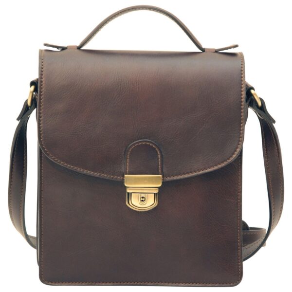 Το Gemini είπε Front view of a dark brown leather messenger bag featuring a top handle, an adjustable shoulder strap, and a brass tuck-lock clasp on the front flap.