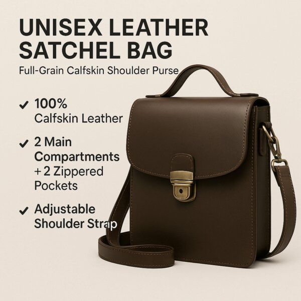 An infographic for a dark brown "Unisex Leather Satchel Bag" made of full-grain calfskin, featuring a top handle and a brass tuck-lock clasp. The text highlights 100% calfskin leather, 2 main compartments with 2 zippered pockets, and an adjustable shoulder strap.