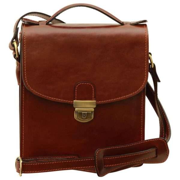 Front view of a reddish-brown leather messenger bag featuring a top handle, an adjustable shoulder strap with a padded section, and a brass tuck-lock clasp on the front flap.