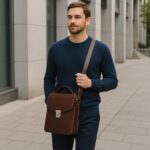 Unisex full-grain calfskin leather satchel bag with adjustable strap and minimalist design