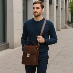 Unisex full-grain calfskin leather satchel bag with adjustable strap and minimalist design