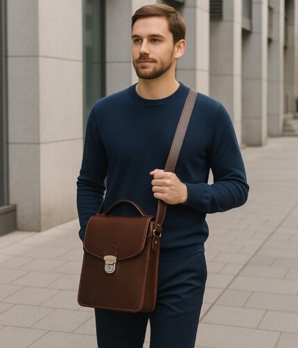 Unisex full-grain calfskin leather satchel bag with adjustable strap and minimalist design