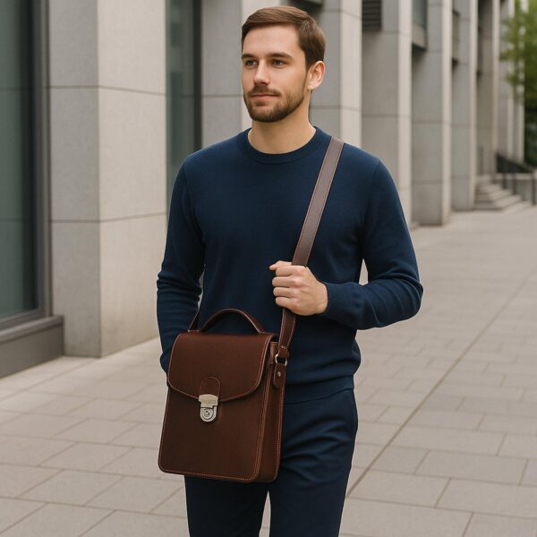 Unisex full-grain calfskin leather satchel bag with adjustable strap and minimalist design