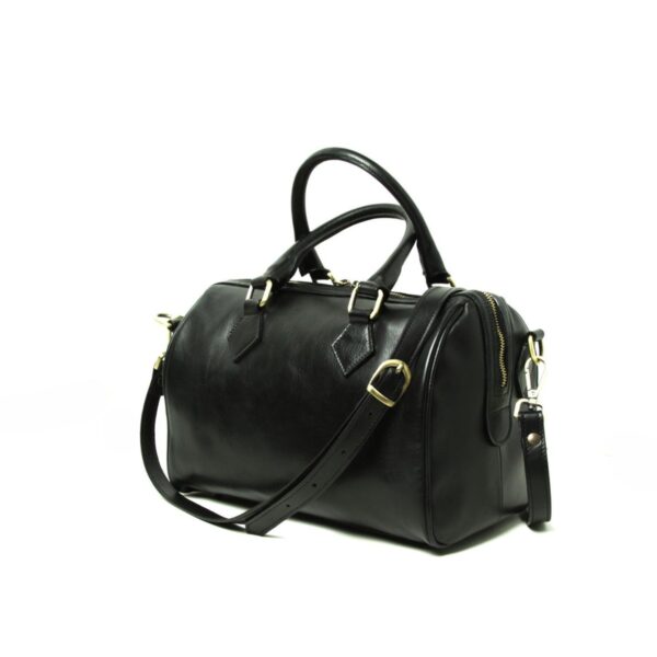 A sleek black leather Boston bag with a polished finish, featuring rolled top handles and a matching adjustable crossbody strap. The design includes gold-toned metal hardware, a top zipper that extends slightly down the sides, and signature diamond leather reinforcements at the handle bases, shown on a white background.