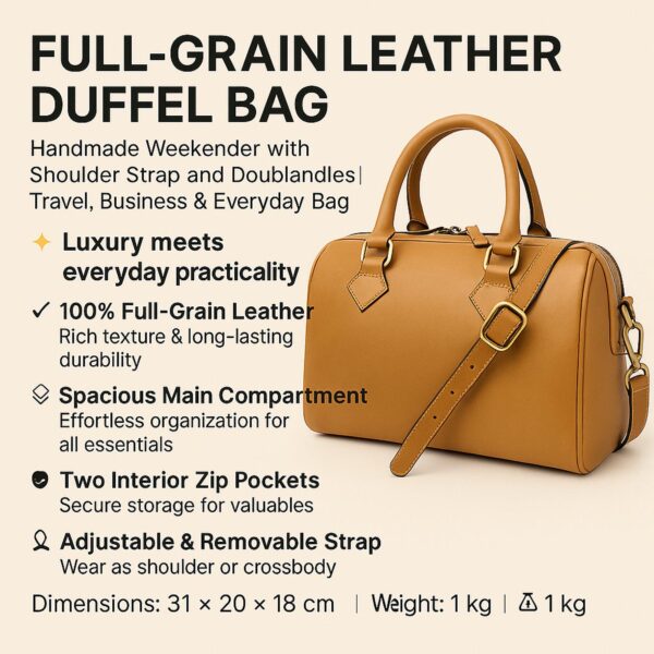 nfographic for a tan full-grain leather duffel bag. Text includes "FULL-GRAIN LEATHER DUFFEL BAG," features like 100% leather, spacious compartment, interior zip pockets, and adjustable strap. Dimensions: 31 x 20 x 18 cm, Weight: 1 kg.