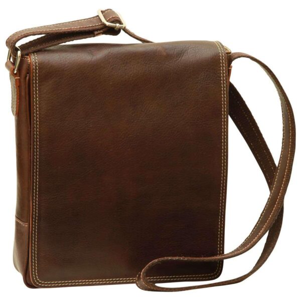 A front-angled view of a vertical brown leather messenger bag featuring a smooth full-cover flap, a canvas shoulder strap, and polished edge stitching.