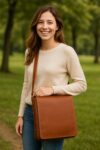Minimalist buffalo leather shoulder bag with padded iPad pocket, magnetic closure, and interior organizer