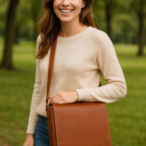 Minimalist buffalo leather shoulder bag with padded iPad pocket, magnetic closure, and interior organizer