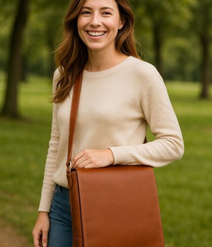 Minimalist buffalo leather shoulder bag with padded iPad pocket, magnetic closure, and interior organizer