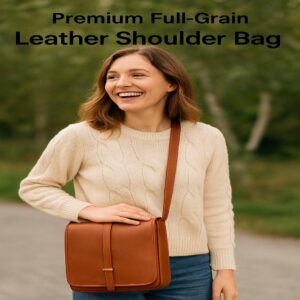 Premium full-grain leather messenger bag with padded tablet compartment, exterior flap and zip pockets, magnetic closure, and adjustable leather strap