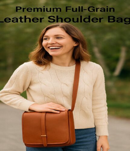 Premium full-grain leather messenger bag with padded tablet compartment, exterior flap and zip pockets, magnetic closure, and adjustable leather strap
