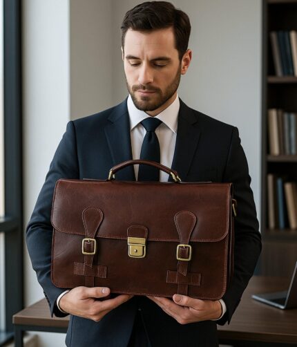Vintage Full Grain Leather Briefcase – Handmade Italian Calfskin Laptop Bag with Shoulder Strap for Work, Travel, and Daily Carry