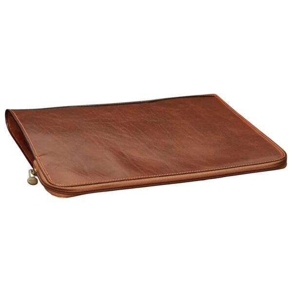 Top-down perspective of a brown leather document folder with a gold-tone zipper along the side